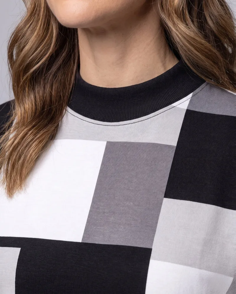 Damen Oversize Langarmbluse mit geometrischem Patchwork-Muster Nord Taschen