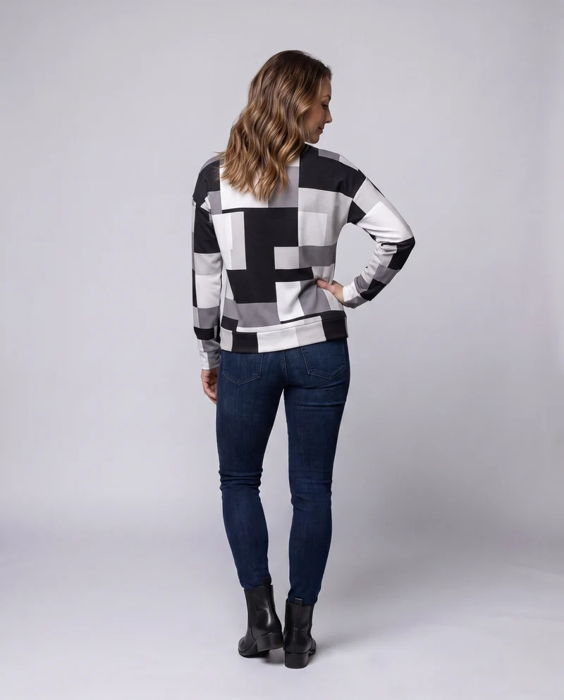 Damen Oversize Langarmbluse mit geometrischem Patchwork-Muster Nord Taschen