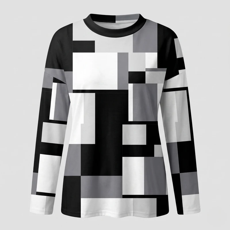 Damen Oversize Langarmbluse mit geometrischem Patchwork-Muster Nord Taschen