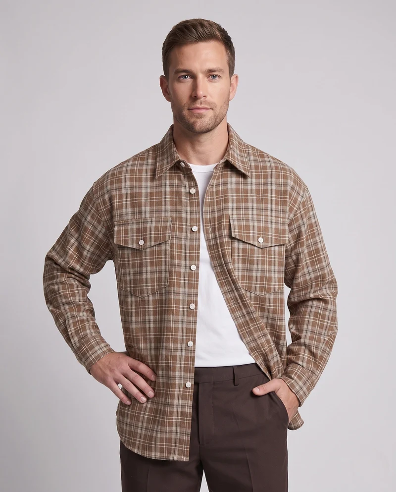 Herren Karo Muster Langarmhemd Nord Taschen