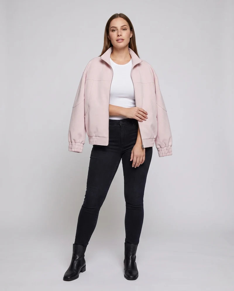 Unisex Oversize Velours-Optik Übergangsjacke mit Zwei-Wege-Metallreißverschluss, Stehkragen & elastischem Saum