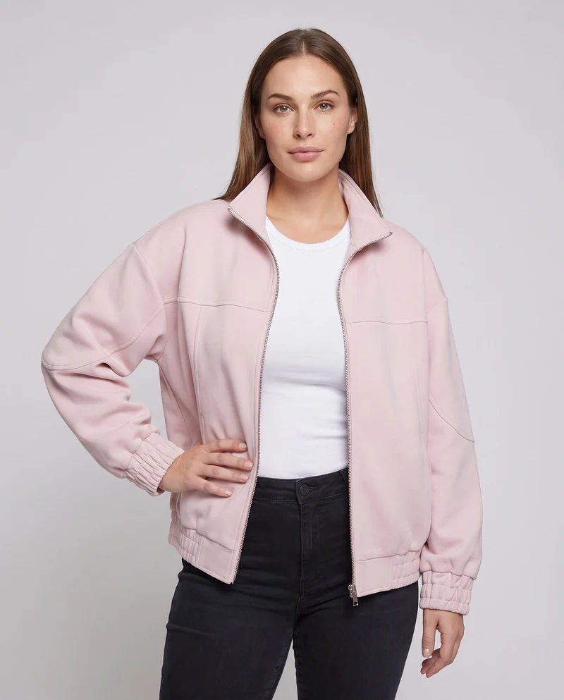 Unisex Oversize Velours-Optik Übergangsjacke mit Zwei-Wege-Metallreißverschluss, Stehkragen & elastischem Saum