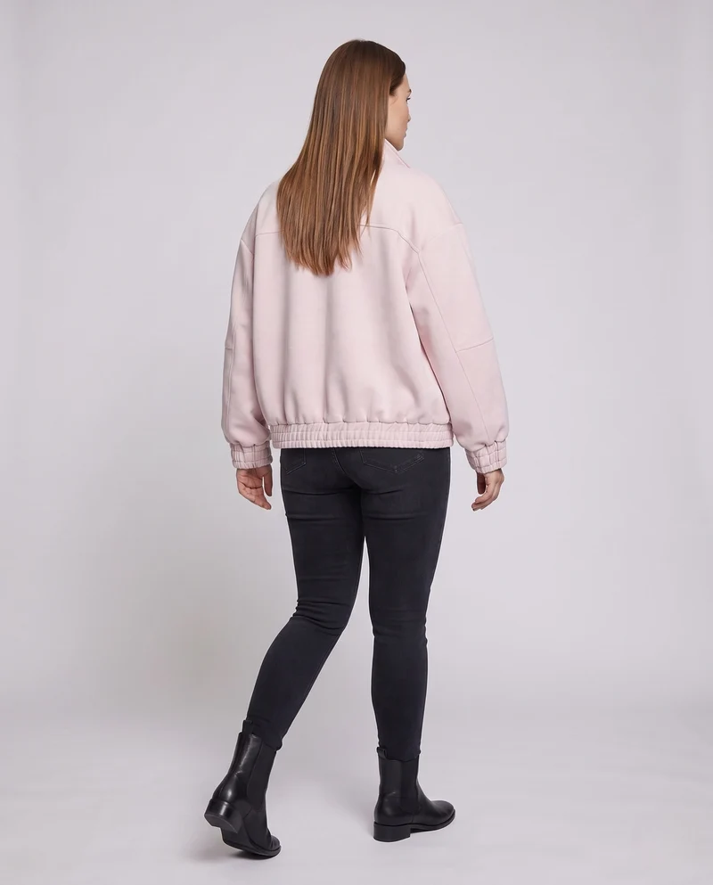 Unisex Oversize Velours-Optik Übergangsjacke mit Zwei-Wege-Metallreißverschluss, Stehkragen & elastischem Saum