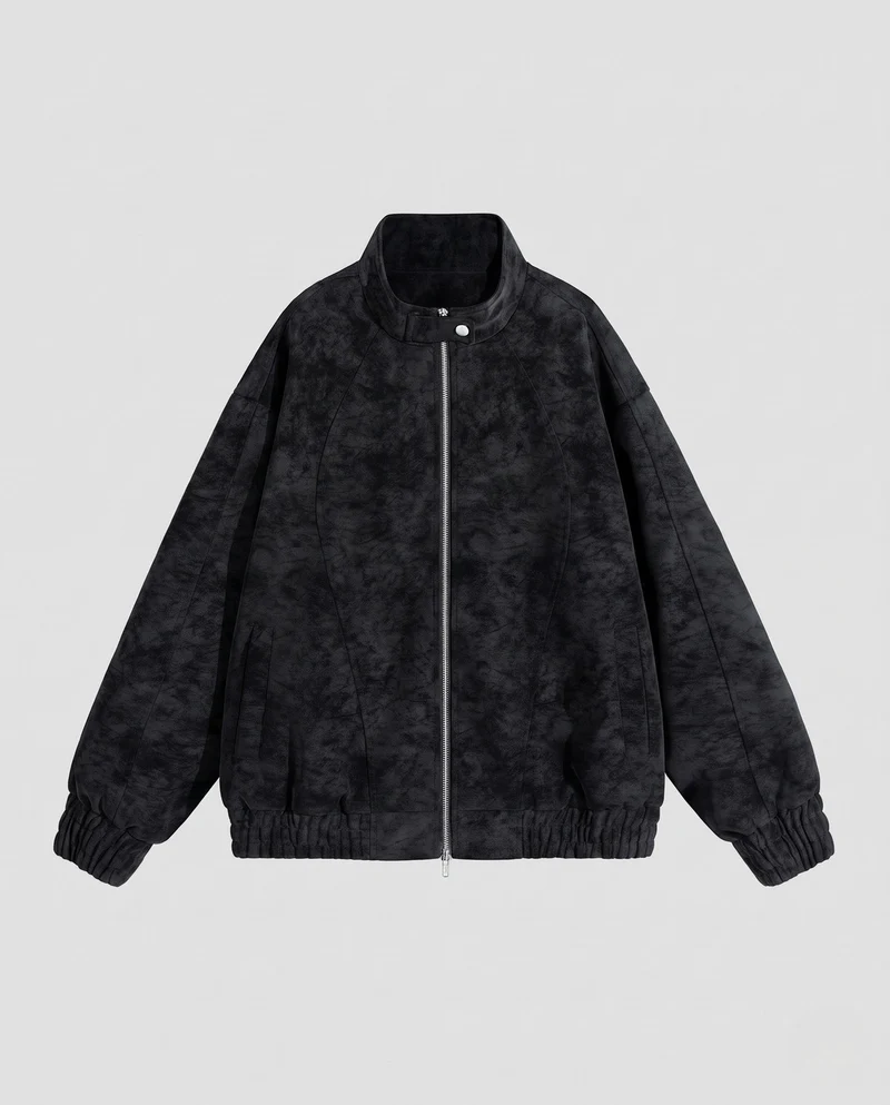 Unisex Oversize Velours-Optik Übergangsjacke mit Zwei-Wege-Metallreißverschluss, Stehkragen & elastischem Saum