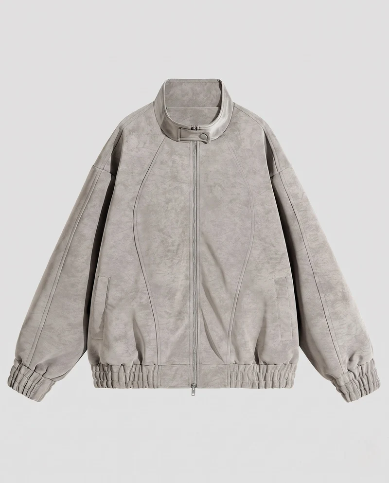 Unisex Oversize Velours-Optik Übergangsjacke mit Zwei-Wege-Metallreißverschluss, Stehkragen & elastischem Saum