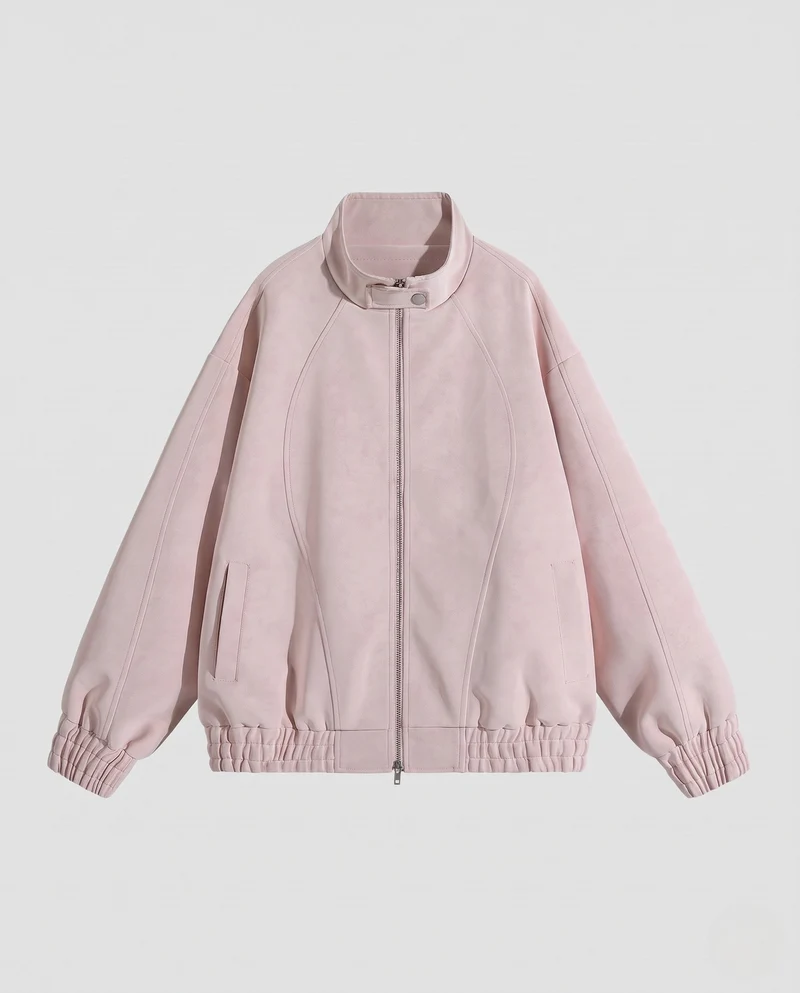 Unisex Oversize Velours-Optik Übergangsjacke mit Zwei-Wege-Metallreißverschluss, Stehkragen & elastischem Saum