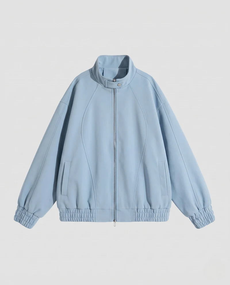 Unisex Oversize Velours-Optik Übergangsjacke mit Zwei-Wege-Metallreißverschluss, Stehkragen & elastischem Saum
