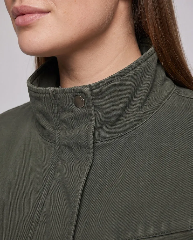 Unisex Oversize Utility-Feldjacke mit Stehkragen, verdeckter Druckknopfleiste und elastischem Saum
