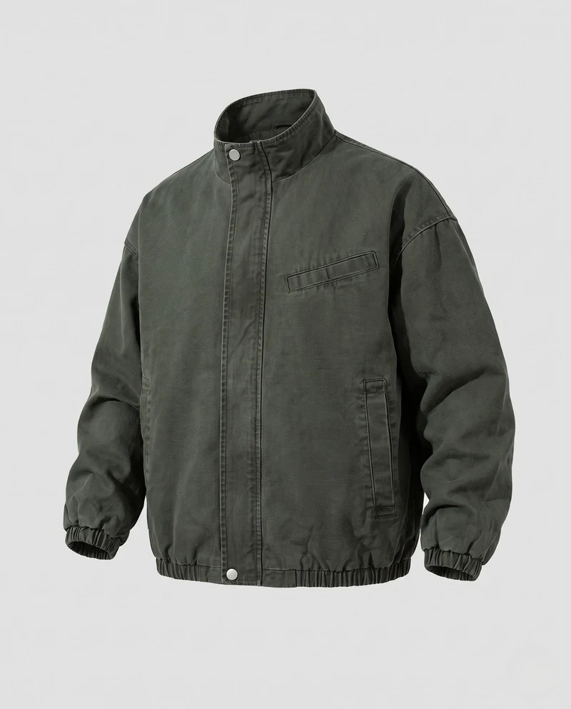 Unisex Oversize Utility-Feldjacke mit Stehkragen, verdeckter Druckknopfleiste und elastischem Saum