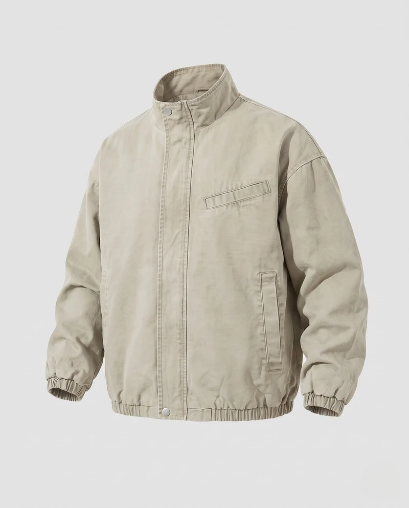 Unisex Oversize Utility-Feldjacke mit Stehkragen, verdeckter Druckknopfleiste und elastischem Saum