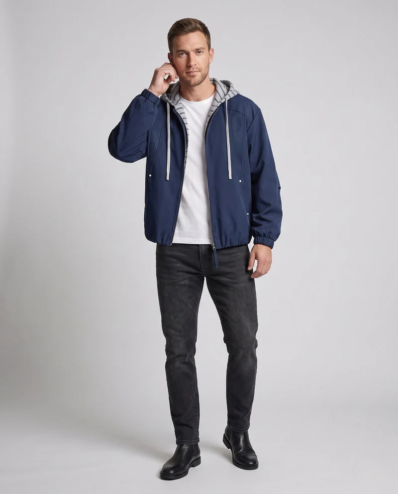 Unisex Oversize-Windjacke mit gestreifter Kapuzenblende, Mesh-Einsätzen & Tunnelzug