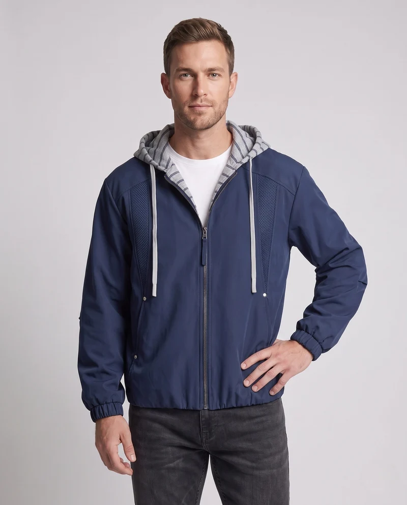 Unisex Oversize-Windjacke mit gestreifter Kapuzenblende, Mesh-Einsätzen & Tunnelzug