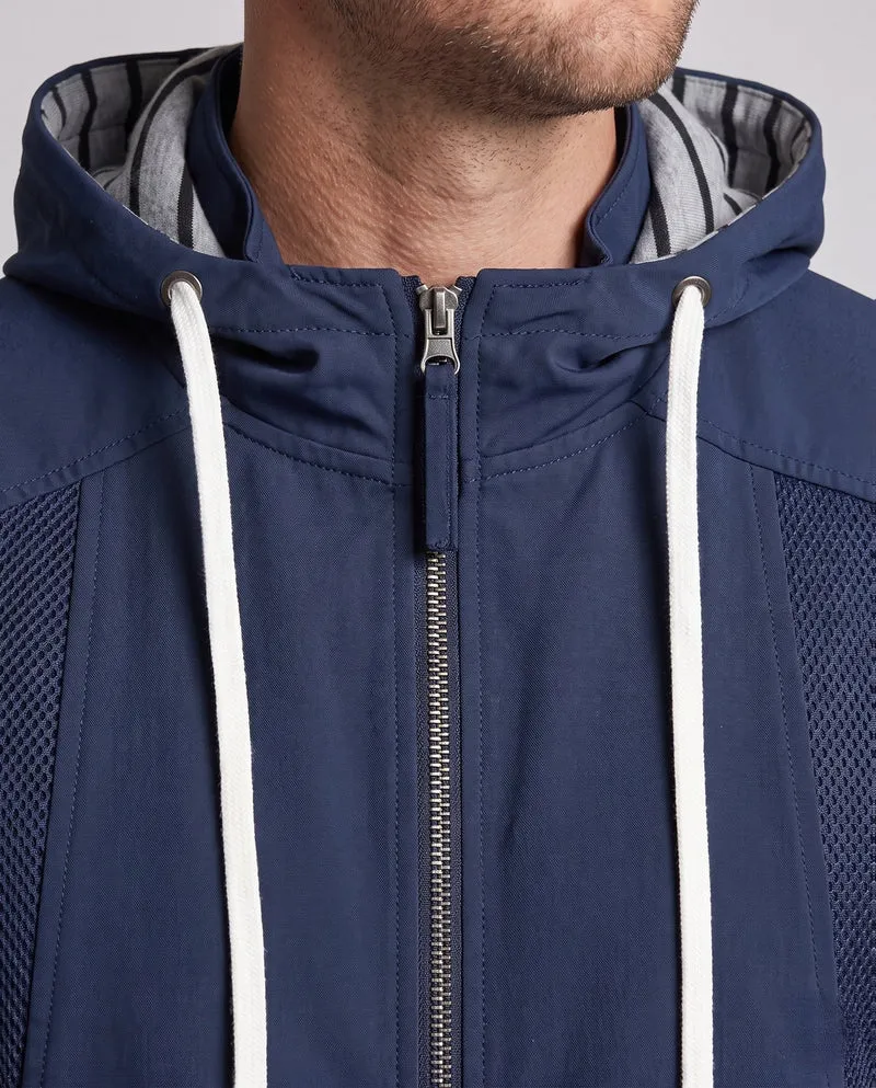 Unisex Oversize-Windjacke mit gestreifter Kapuzenblende, Mesh-Einsätzen & Tunnelzug