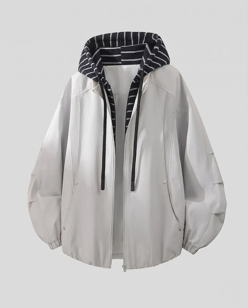 Unisex Oversize-Windjacke mit gestreifter Kapuzenblende, Mesh-Einsätzen & Tunnelzug