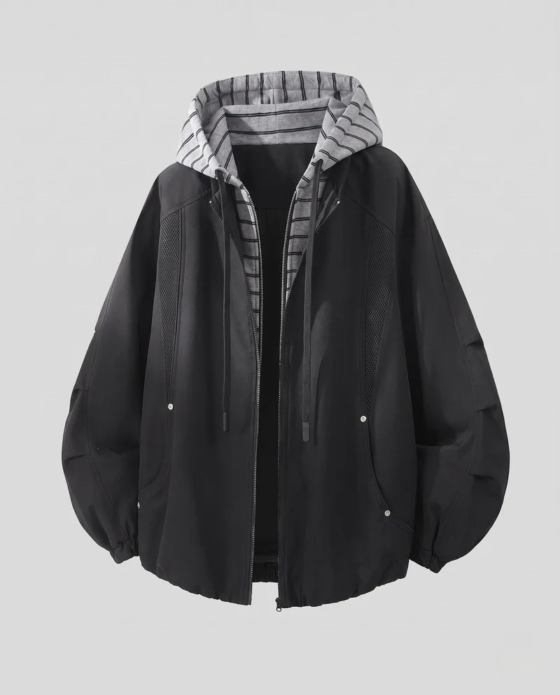 Unisex Oversize-Windjacke mit gestreifter Kapuzenblende, Mesh-Einsätzen & Tunnelzug