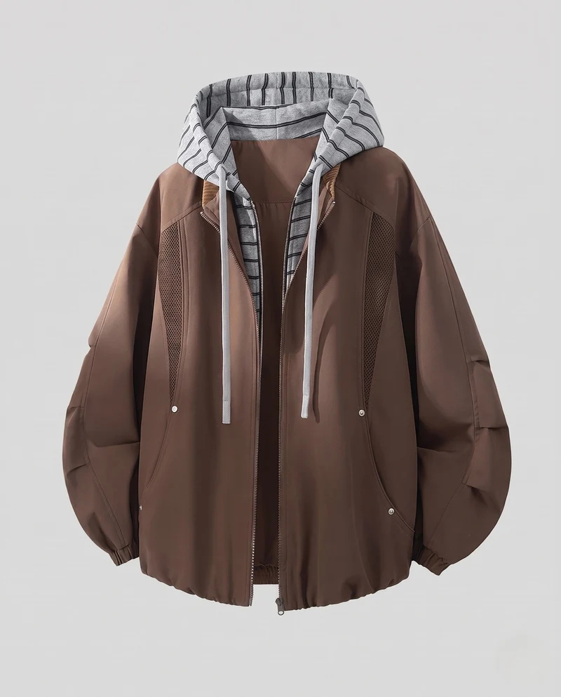 Unisex Oversize-Windjacke mit gestreifter Kapuzenblende, Mesh-Einsätzen & Tunnelzug