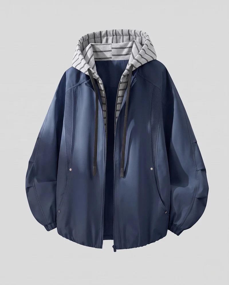 Unisex Oversize-Windjacke mit gestreifter Kapuzenblende, Mesh-Einsätzen & Tunnelzug