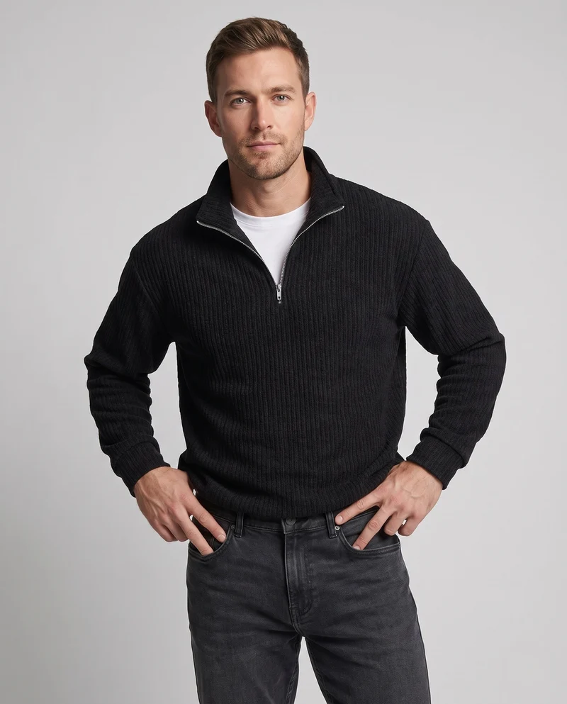 Unisex Oversize-Waffelstrick-Halbzipppullover mit Stehkragen