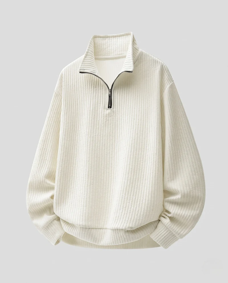 Unisex Oversize-Waffelstrick-Halbzipppullover mit Stehkragen