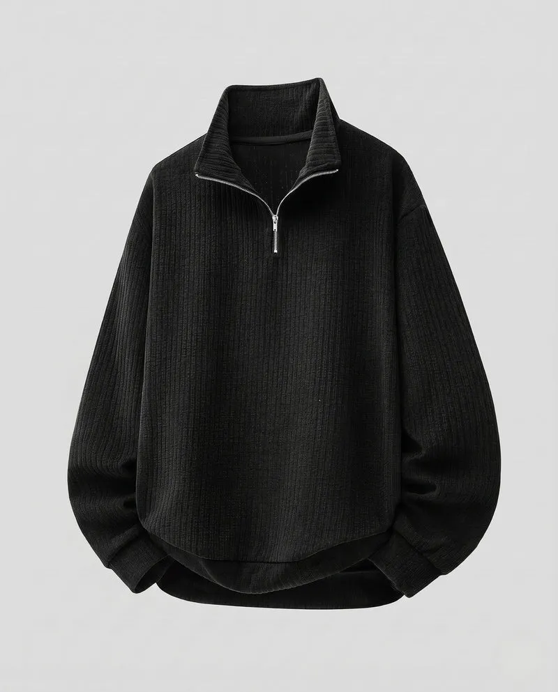 Unisex Oversize-Waffelstrick-Halbzipppullover mit Stehkragen