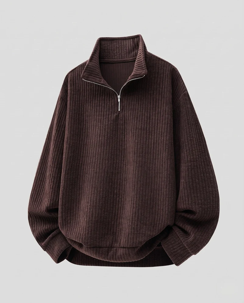 Unisex Oversize-Waffelstrick-Halbzipppullover mit Stehkragen