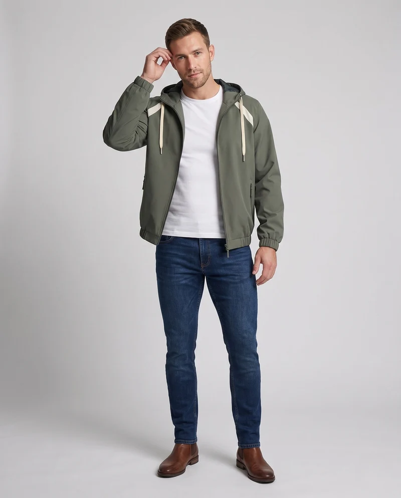 Unisex ultraleichte Kapuzenwindjacke mit verdecktem Reißverschluss & verstellbarem Saum
