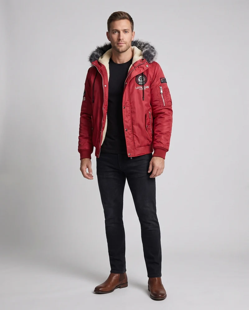 Herren Modische Winterjacke mit Kunstfell-Futter Nord Taschen