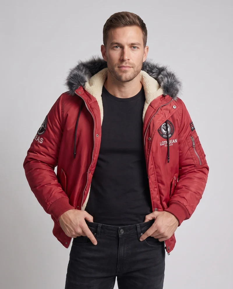 Herren Modische Winterjacke mit Kunstfell-Futter Nord Taschen