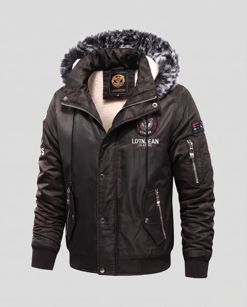 Herren Modische Winterjacke mit Kunstfell-Futter Nord Taschen