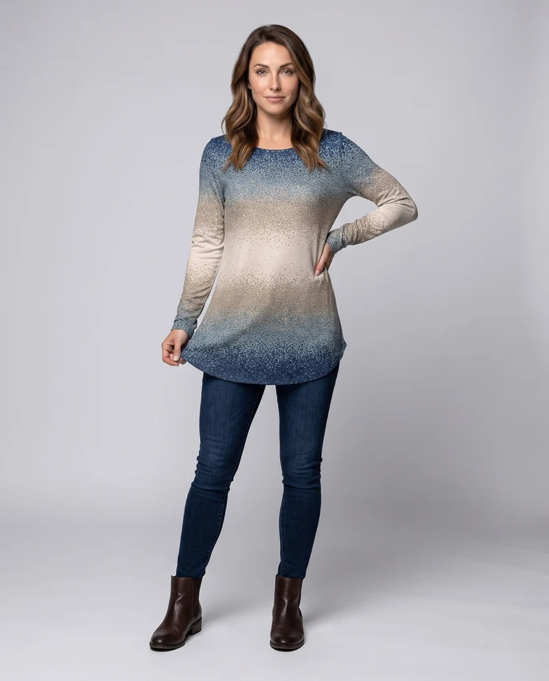 Frauen Oversize Langarmpullover mit Rundhalsausschnitt und Ombre Glitter Druck Nord Taschen