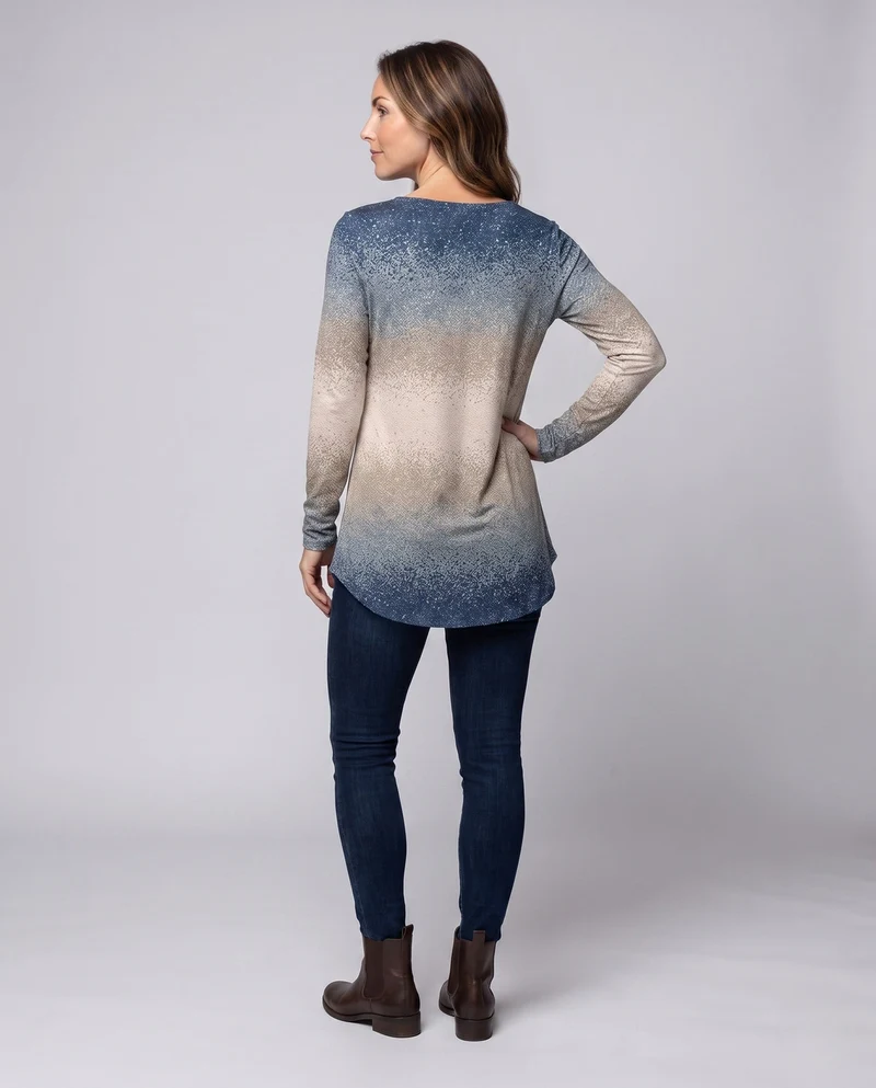 Frauen Oversize Langarmpullover mit Rundhalsausschnitt und Ombre Glitter Druck Nord Taschen