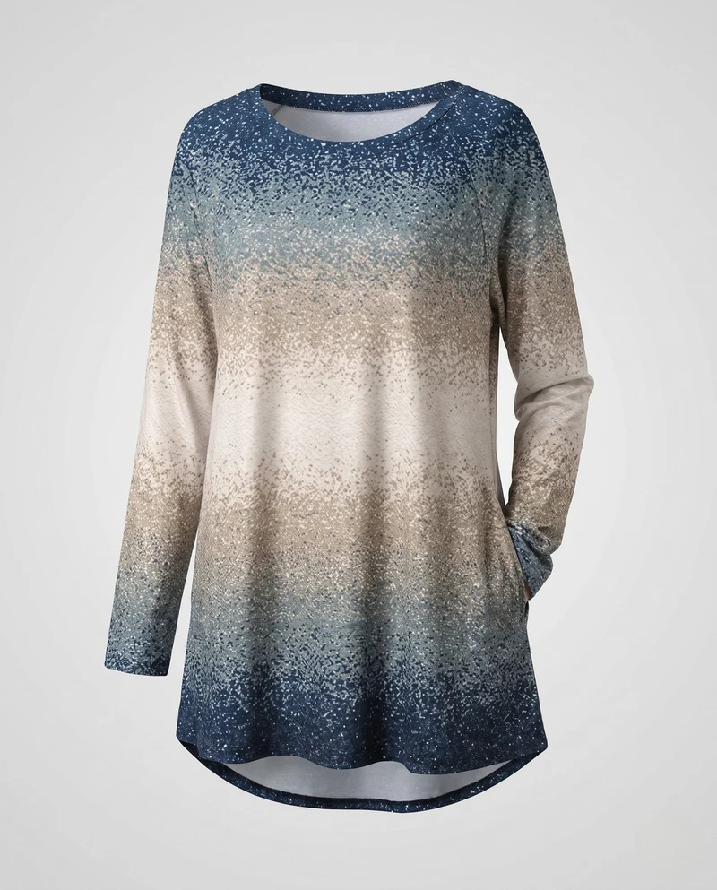 Frauen Oversize Langarmpullover mit Rundhalsausschnitt und Ombre Glitter Druck Nord Taschen