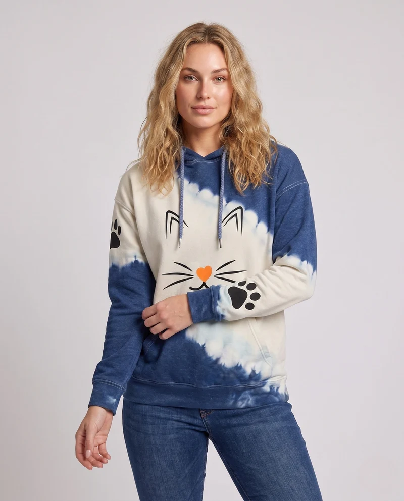 Damen Oversize Hoodie mit Katzenkopf-Print, Batik-Look und Kängurutasche Nord Taschen