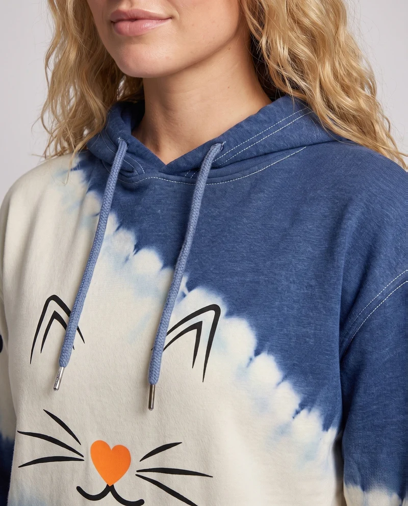 Damen Oversize Hoodie mit Katzenkopf-Print, Batik-Look und Kängurutasche Nord Taschen