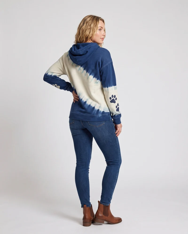 Damen Oversize Hoodie mit Katzenkopf-Print, Batik-Look und Kängurutasche Nord Taschen