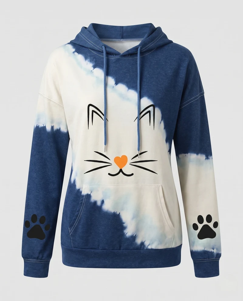 Damen Oversize Hoodie mit Katzenkopf-Print, Batik-Look und Kängurutasche Nord Taschen