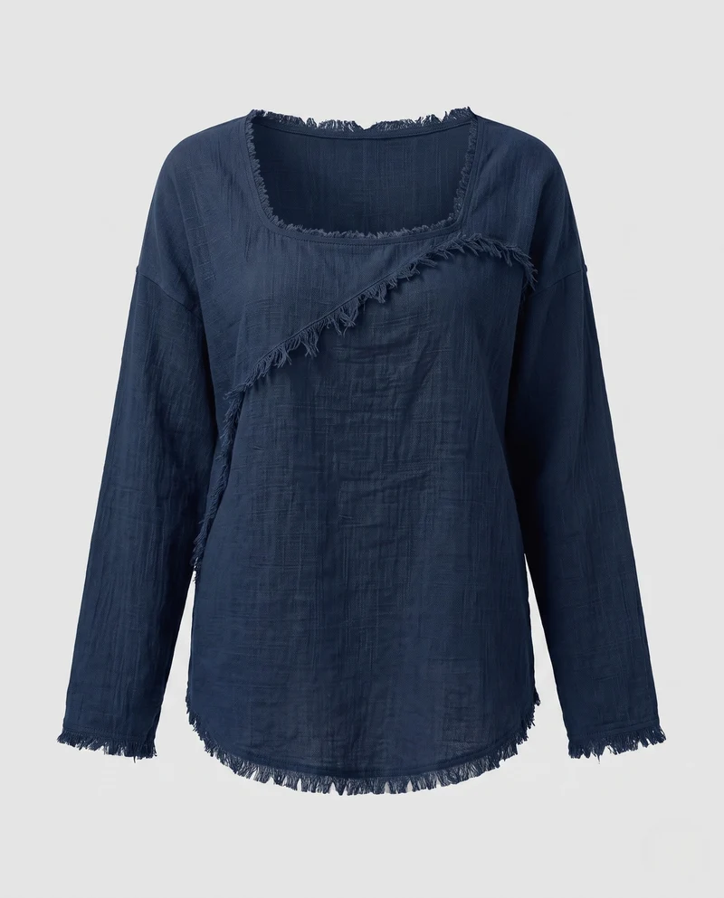 Frauen Oversize Baumwollgaze Tunika mit fransigen Kanten und quadratischem Ausschnitt Nord Taschen