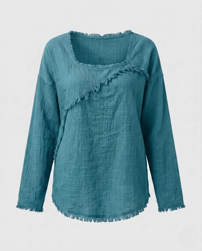 Frauen Oversize Baumwollgaze Tunika mit fransigen Kanten und quadratischem Ausschnitt Nord Taschen