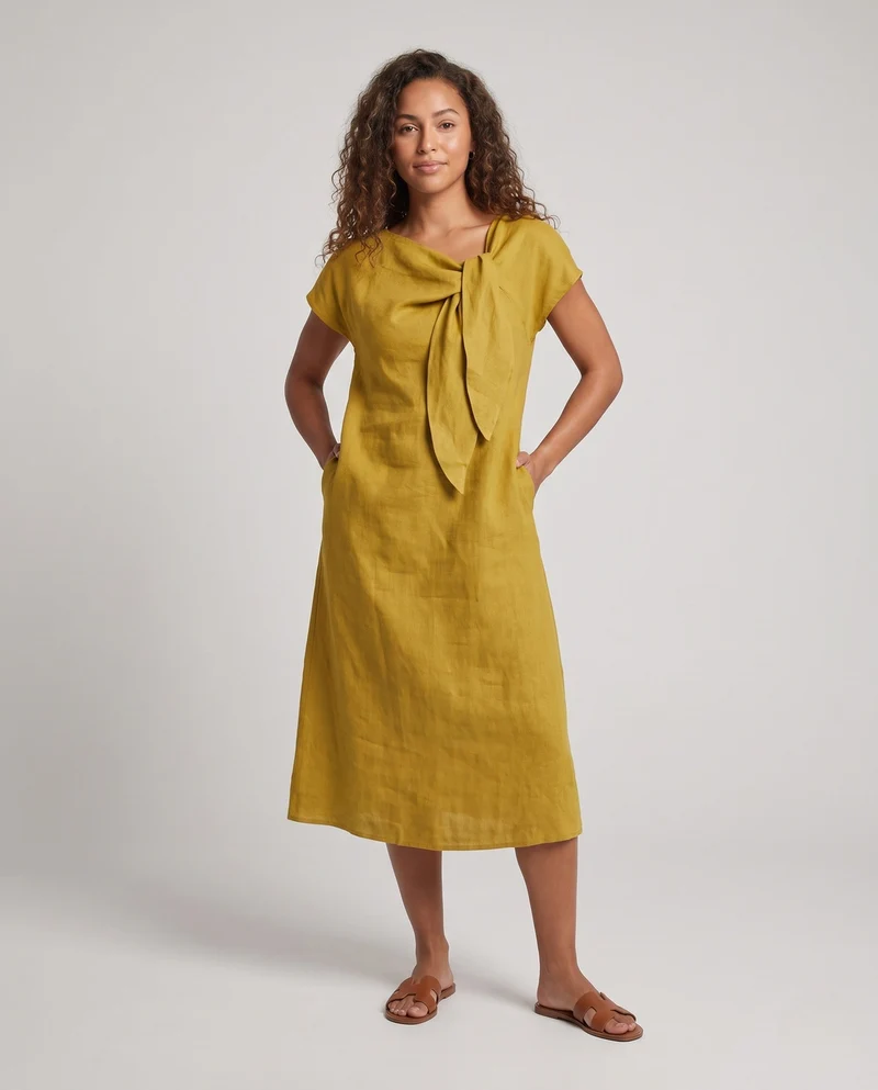 Damen Maxi-Kleid aus Leinen mit dekorativem Bogen und kurzen Ärmeln Nord Taschen
