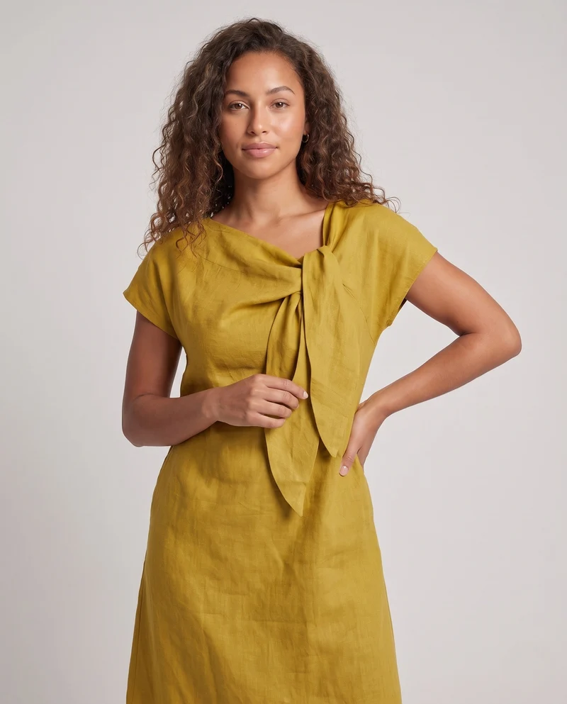 Damen Maxi-Kleid aus Leinen mit dekorativem Bogen und kurzen Ärmeln Nord Taschen
