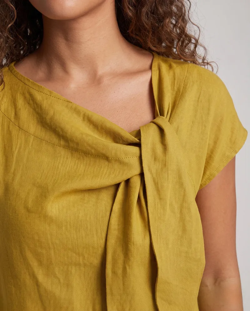 Damen Maxi-Kleid aus Leinen mit dekorativem Bogen und kurzen Ärmeln Nord Taschen