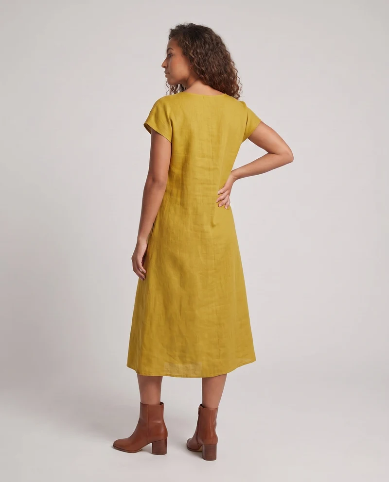 Damen Maxi-Kleid aus Leinen mit dekorativem Bogen und kurzen Ärmeln Nord Taschen