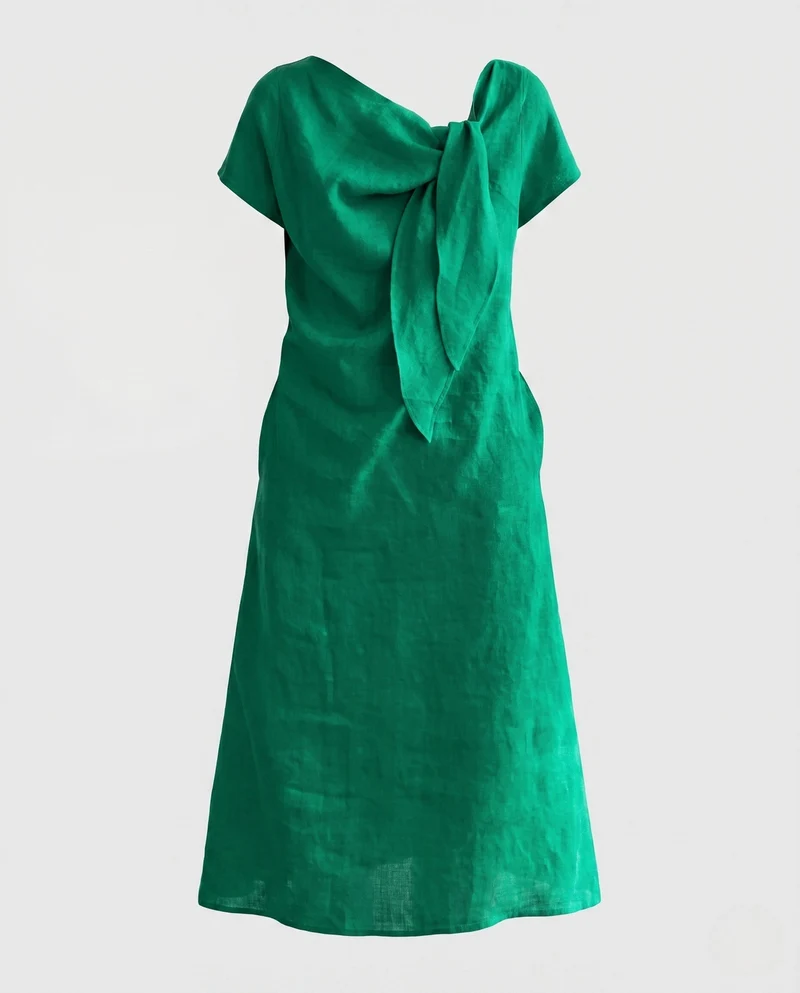 Damen Maxi-Kleid aus Leinen mit dekorativem Bogen und kurzen Ärmeln Nord Taschen