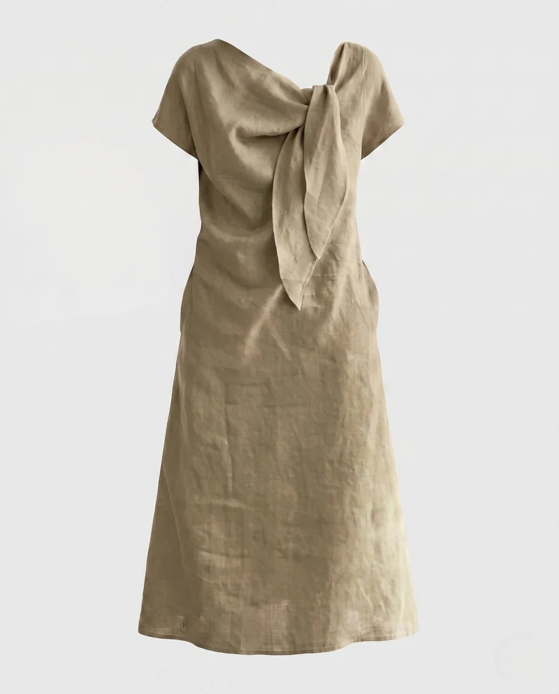 Damen Maxi-Kleid aus Leinen mit dekorativem Bogen und kurzen Ärmeln Nord Taschen
