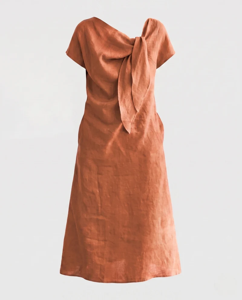 Damen Maxi-Kleid aus Leinen mit dekorativem Bogen und kurzen Ärmeln Nord Taschen
