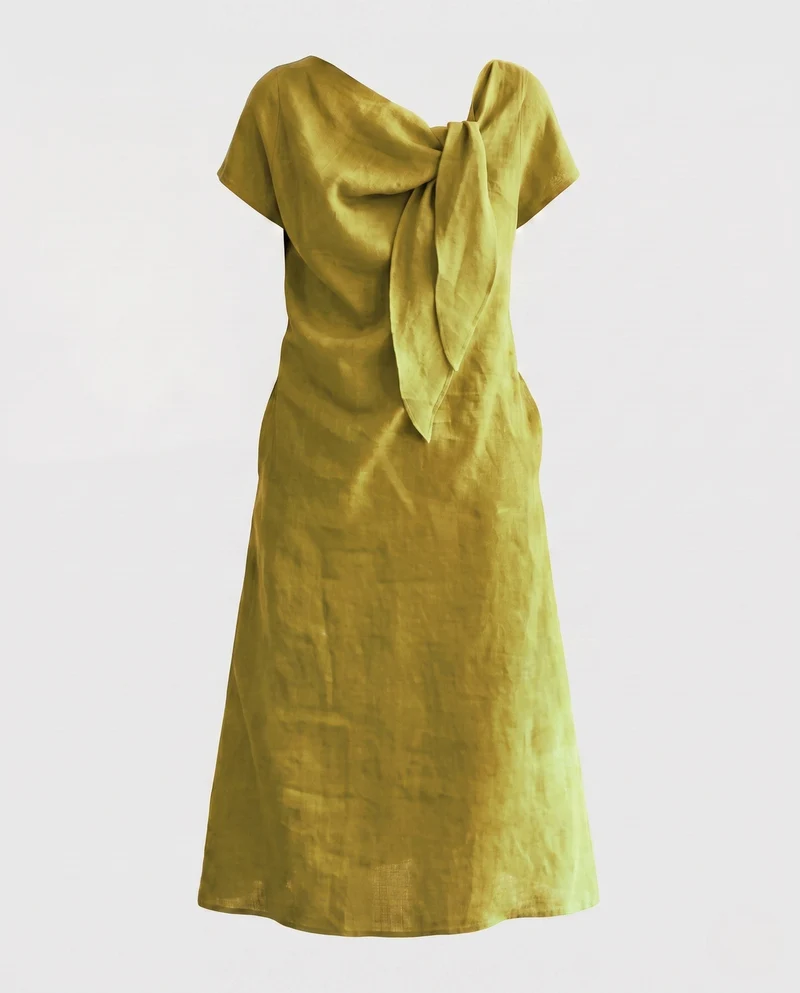 Damen Maxi-Kleid aus Leinen mit dekorativem Bogen und kurzen Ärmeln Nord Taschen