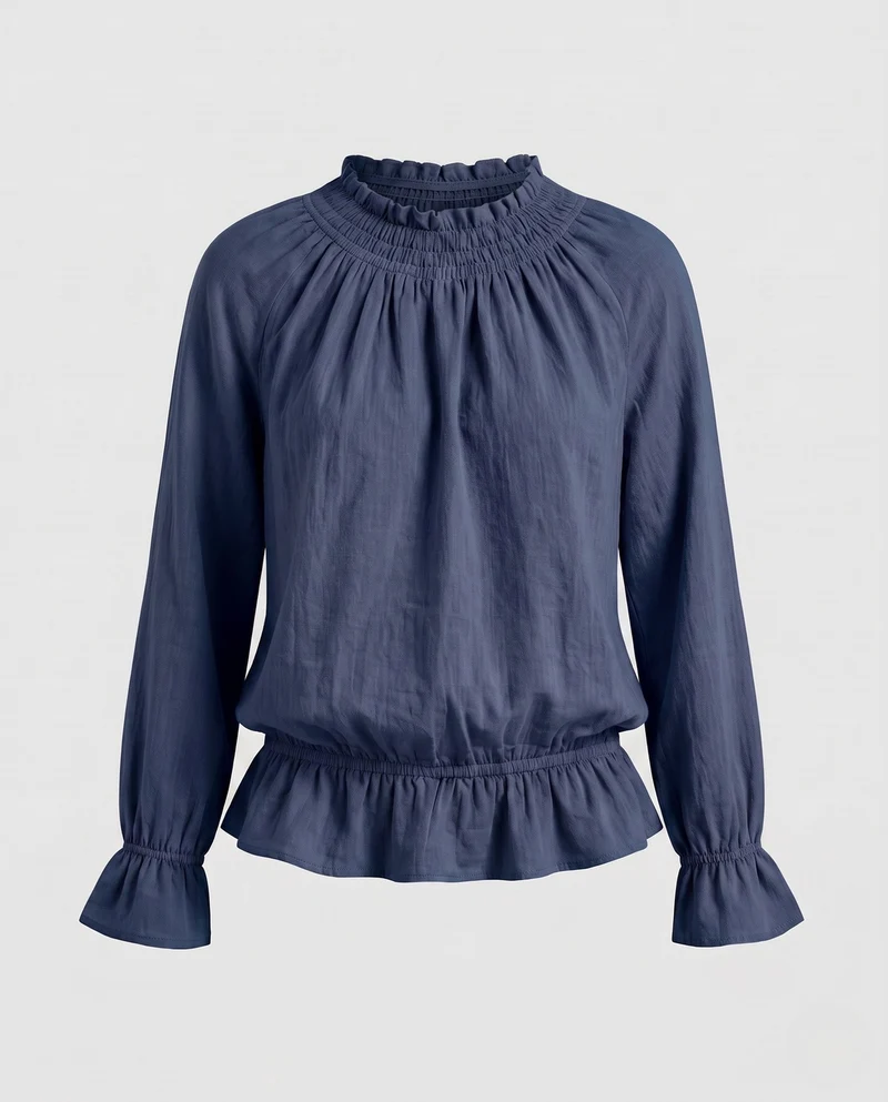Damen lockere Langarmbluse mit Smockingkragen und Rüschensaum Nord Taschen