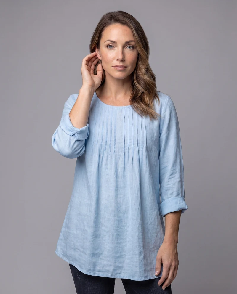 Damen lockeres Tunika-Shirt im Leinen-Look mit Falten und seitlichem Saum Nord Taschen