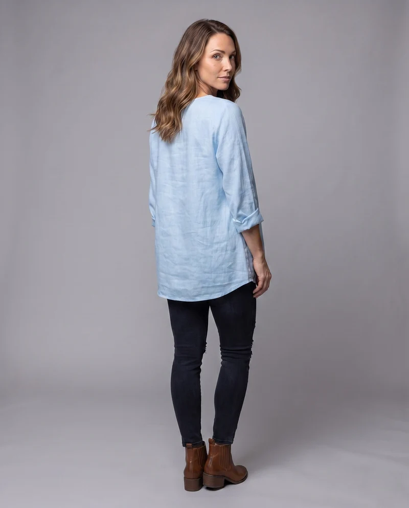 Damen lockeres Tunika-Shirt im Leinen-Look mit Falten und seitlichem Saum Nord Taschen