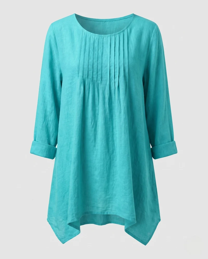 Damen lockeres Tunika-Shirt im Leinen-Look mit Falten und seitlichem Saum Nord Taschen